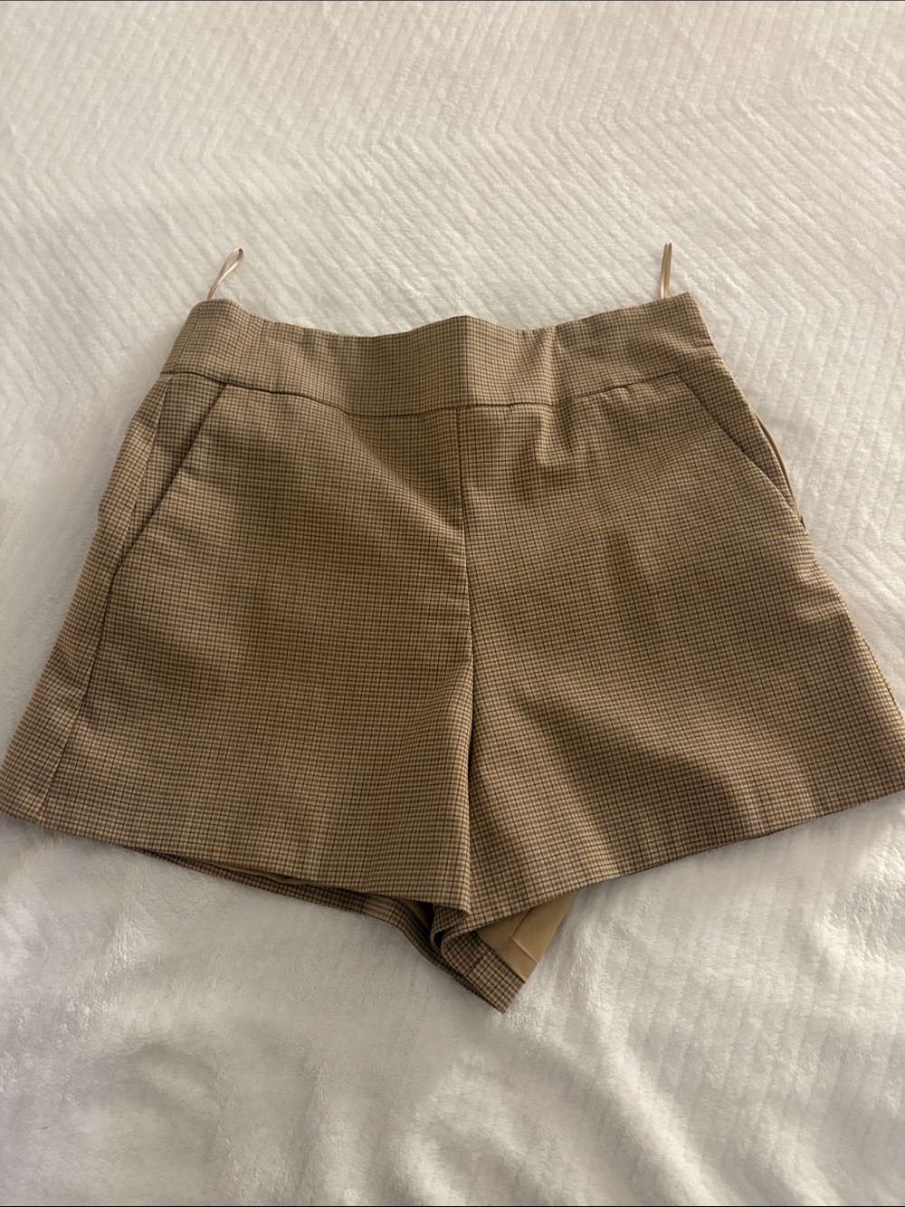 Zara High Waist Checked Shorts in Tan